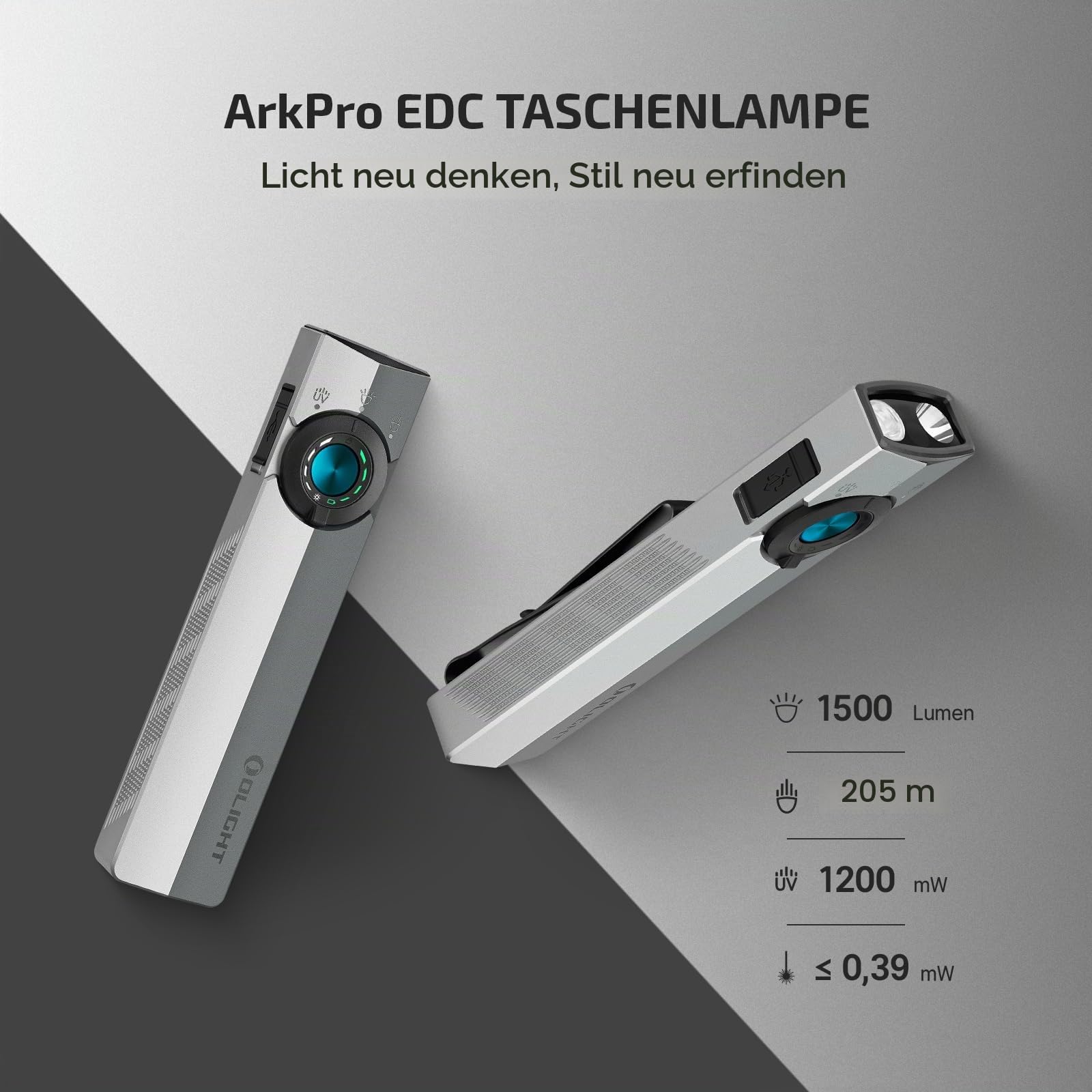 olight-arkpro-edc-taschenlampe-silber-grau-1500-lumen-uv image 2